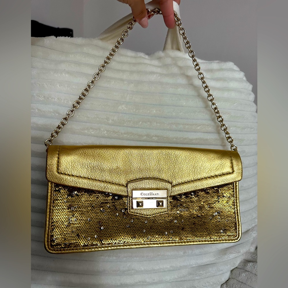 SOLD 🚫 On Mercari. Vintage COLE HAAN Minetta Gold and Sequin Baguette Style Bag